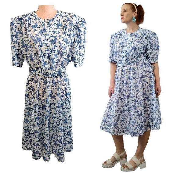 VTG 80s White Blue Floral Belted Midi Dress Size 20P *fits like XL Petite - Picture 4 of 16